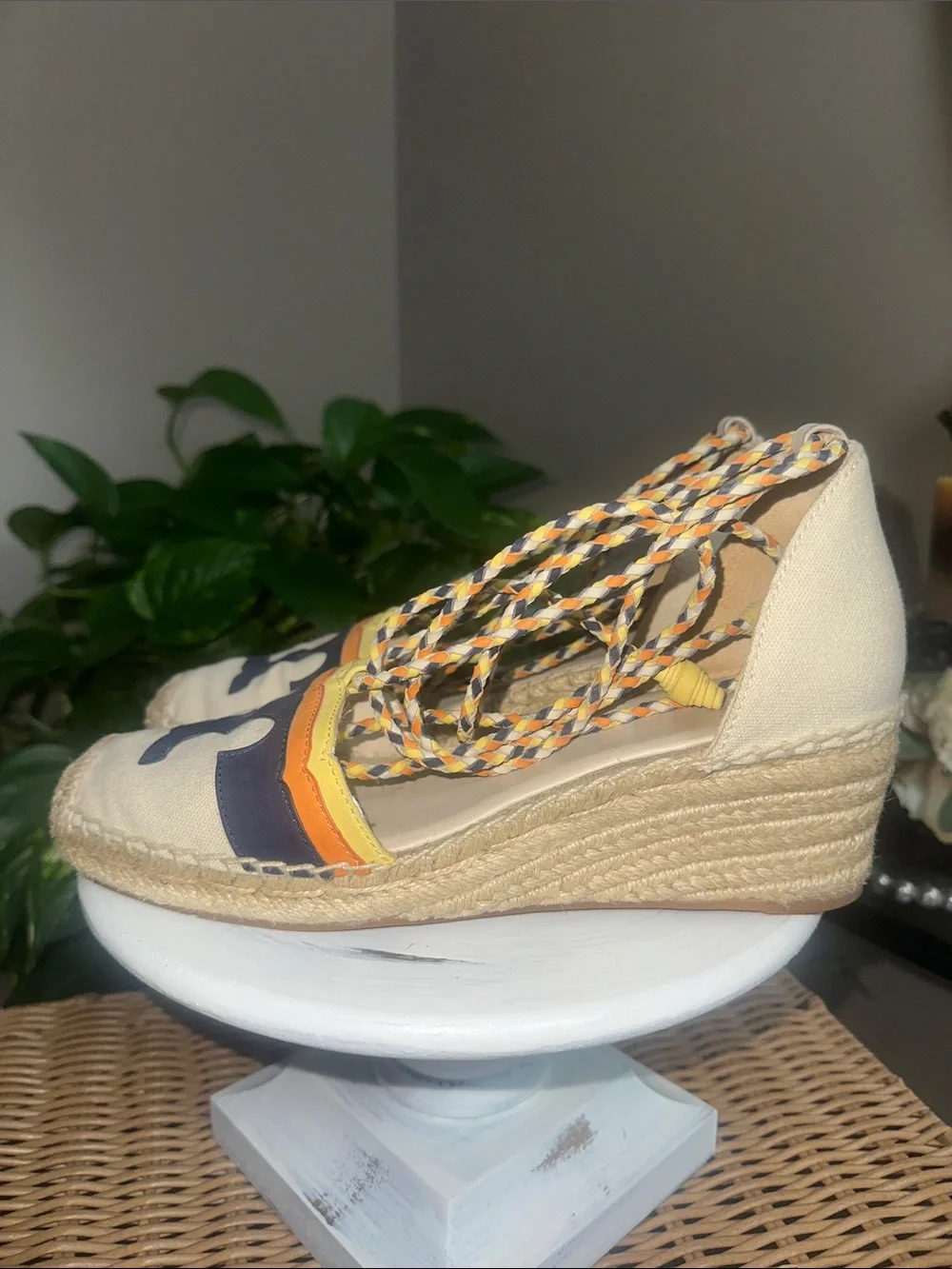 Tory Burch Laguna Canvas Espadrille Wedges with Navy Logo ankle wrap